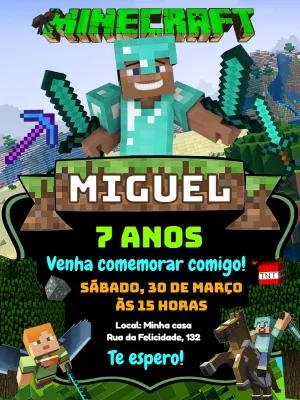 Convite Aniversário Minecraft com Personagens para Editar Online