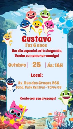 Convite Aniversário Baby Shark Editável com Personagens