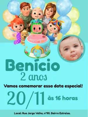 Convite de Aniversário Cocomelon com Foto para Editar Online