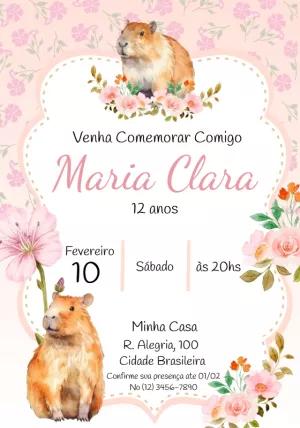 Convite Aniversário Capivara Rosa Floral para Editar Online