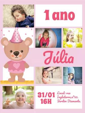 Convite de Aniversário Ursinha com Fotos para Editar Online