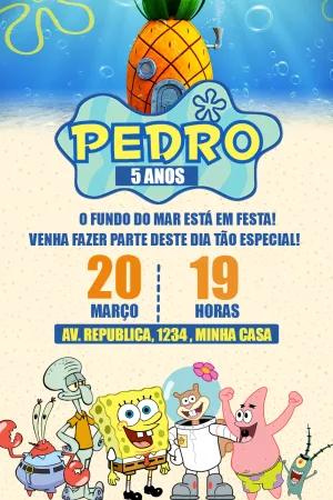 Convite de Aniversário Bob Esponja com Personagens para Editar