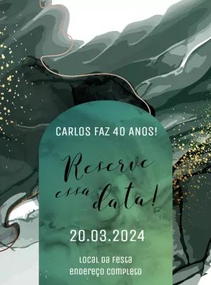 Convite Aniversário Mármore Verde e Dourado para Editar Online