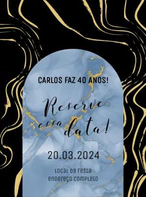 Convite Aniversário Mármore Preto e Dourado para Editar Online