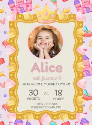 Convite Aniversário Princesa com Foto para Editar Online