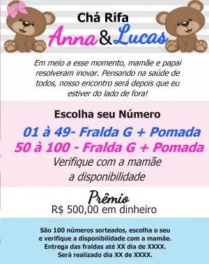 Convite Chá Rifa Ursinhos Editável para Enviar Online