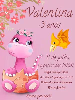 Convite Aniversário Dinossauro Menina para Editar Online