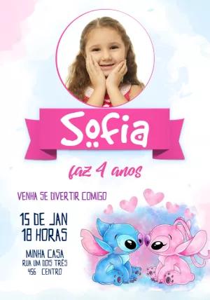 Convite Aniversário Stitch e Angel Aquarela com Foto para Editar