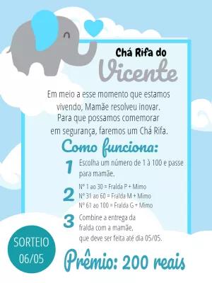 Convite Chá Rifa Elefantinho Azul para Editar Online