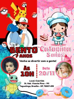 Convite Aniversário Duplo Pokémon e Confeiteira para Editar