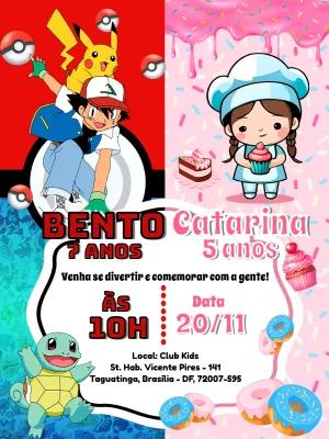 Convite Aniversário Duplo Pokémon e Confeiteira para Editar