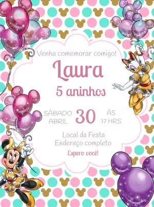 Convite Aniversário Minnie e Margarida Dourada para Editar
