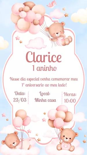 Convite de Aniversário Ursinha Baloeira para Editar Online