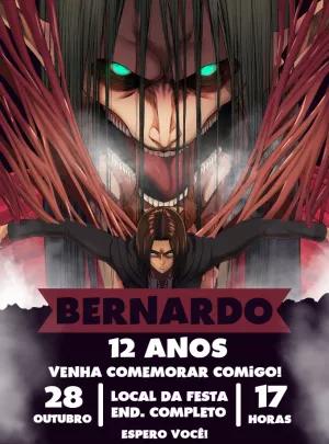 Convite Aniversário Eren Yeager Attack on Titan para Editar