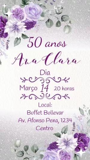 Convite Aniversário 50 anos Floral Lilás para Editar Online