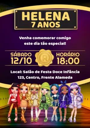 Convite Aniversário Rainbow High com as Bonecas para Editar