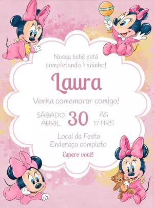 Convite de Aniversário Minnie Baby Rosa para Editar Online
