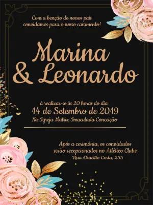 Convite de Casamento Floral Preto e Dourado para Editar Online
