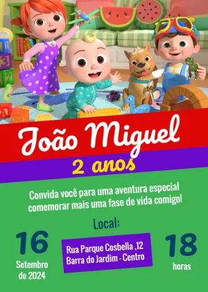 Convite de Aniversário Cocomelon com Personagens para Editar