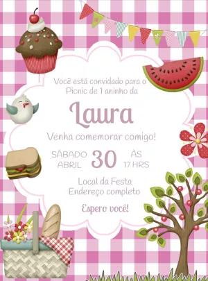 Convite Aniversário Pic Nic com Ilustrações para Editar Online