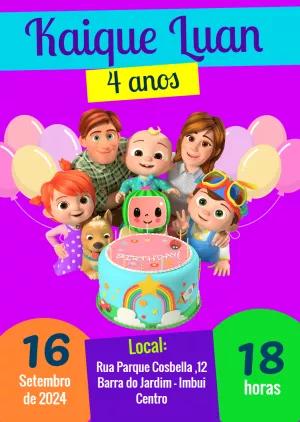 Convite de Aniversário Cocomelon com a Turma para Editar Online