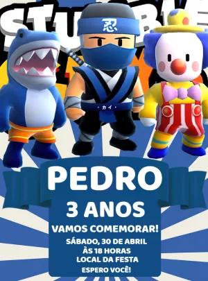 Convite Stumble Guys com Shark, Ninja e Palhaço para Editar