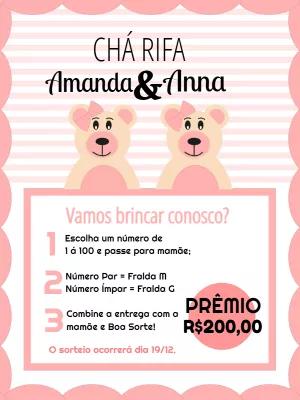 Convite Chá Rifa Ursinhas Gêmeas para Editar Online