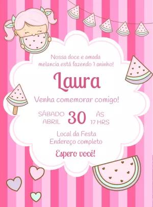 Convite Aniversário Melancia Menina para Editar Online