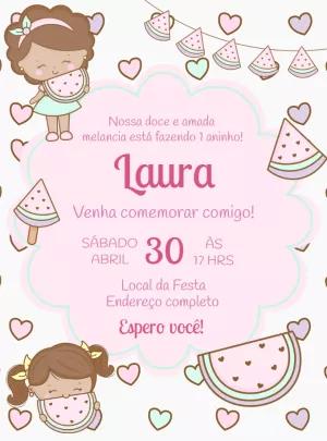 Convite Aniversário Melancia Menina para Editar Online