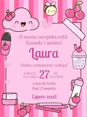 Convite Aniversário Cerejinha Rosa para Editar Online