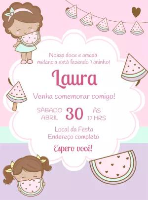 Convite Aniversário Melancia com Menina para Editar Online