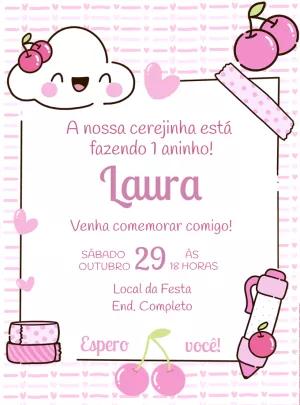 Convite de Aniversário Cerejinha Kawaii para Editar Online