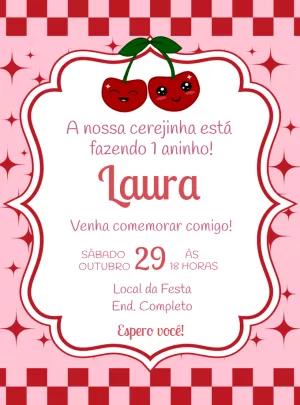 Convite de Aniversário Cerejinha para Editar e Personalizar