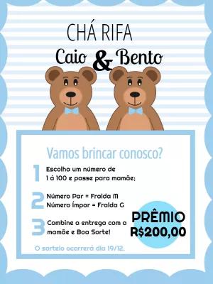 Convite Chá Rifa Ursinhos Gêmeos para Editar Online