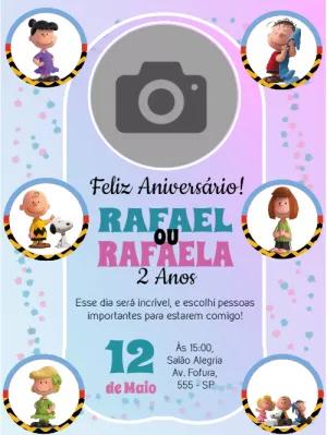 Convite de Aniversário Snoopy e Turma com Foto para Editar