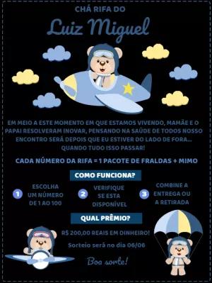 Convite Chá Rifa Ursinho Aviador Editável para Enviar Online