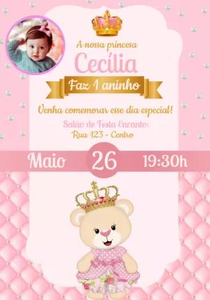 Convite Aniversário Ursinha Princesa com Foto para Editar Online