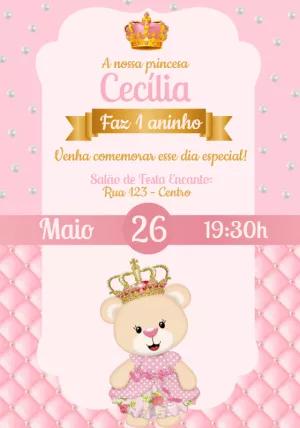 Convite Aniversário Ursinha Princesa Rosa para Editar Online