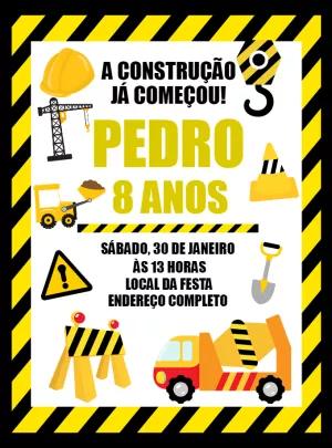 Convite de Aniversário Construção com Tratores para Editar Online