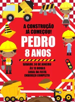 Convite Aniversário Construção com Tratores para Editar Online