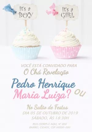 Convite Chá Revelação Cupcakes Azul e Rosa para Editar Online
