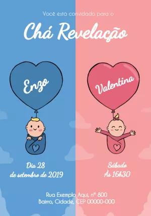 Convite Chá Revelação com Bebês e Balões para Editar Online