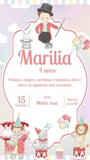 Convite Aniversário Circo Aquarela com Personagens para Editar