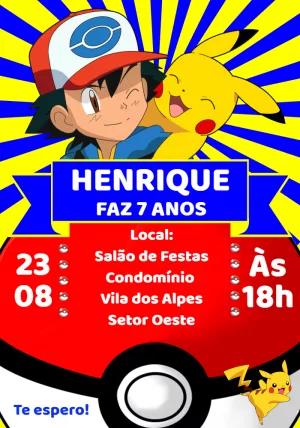 Convite de Aniversário Pokémon com Ash e Pikachu para Editar