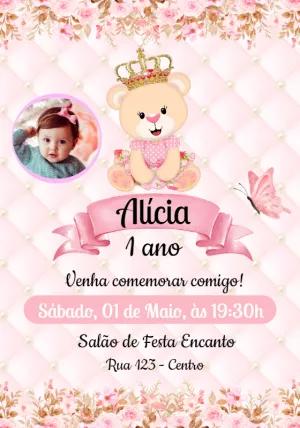 Convite Aniversário Ursinha Princesa com Foto para Editar