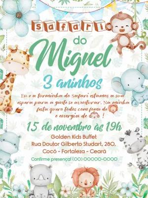Convite de Aniversário Safari com Animais Fofos para Editar