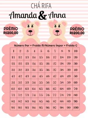 Chá Rifa Ursinhas Gêmeas Editável para Chá de Bebê