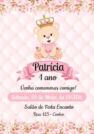 Convite de Aniversário Ursinha Princesa para Editar Online