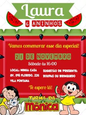Convite Aniversário Turma da Mônica Melancia para Editar