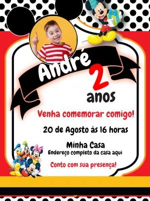 Convite Aniversário Mickey Mouse com Foto para Editar Online
